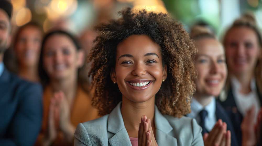 woman in blazer smiling with other business people in background